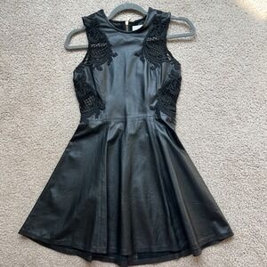 Black Genuine Leather Fit n Fare Mini Dress Lace Applique Exposed Gold Zipper XS